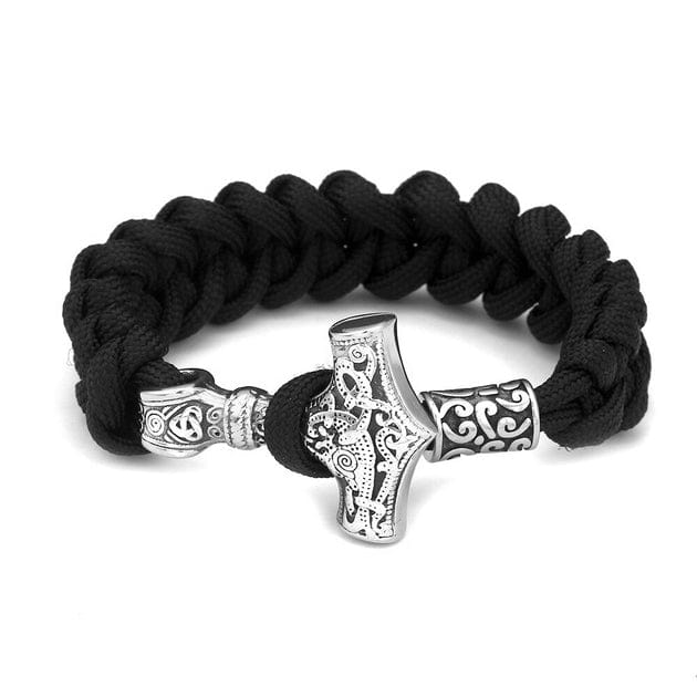 Bracelet à corde Viking Argenté - Mjolnir Noir / 19 cm