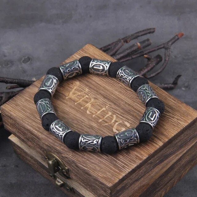 Bracelet Pierre de Lave Runique Argent / 10 runes