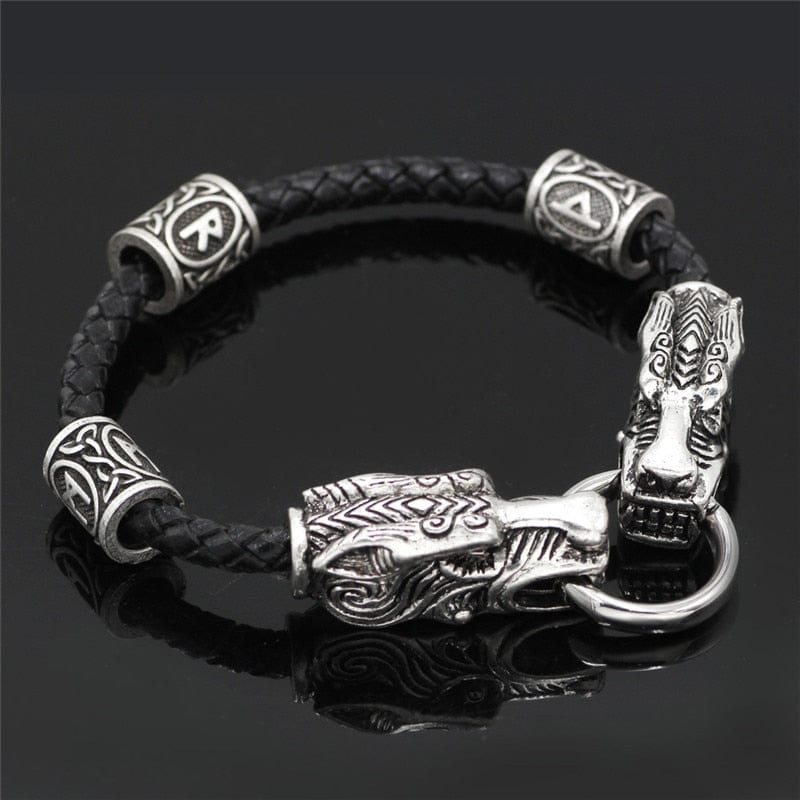 Bracelet Runique Viking - Fermoir Têtes de Loups Cuir