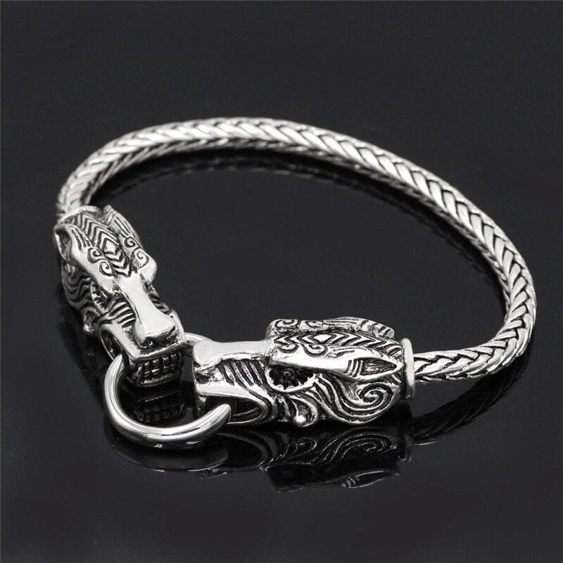 Bracelet Runique Viking - Fermoir Têtes de Loups Métal