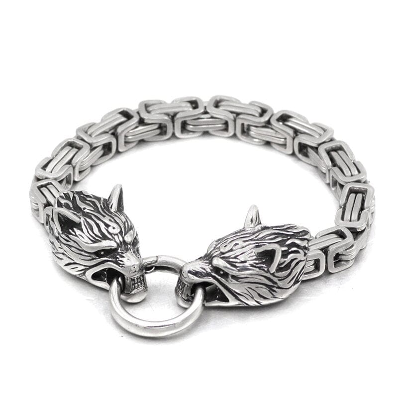 Bracelet Viking Fermoir têtes de loup Fenrir Argent / 19 cm