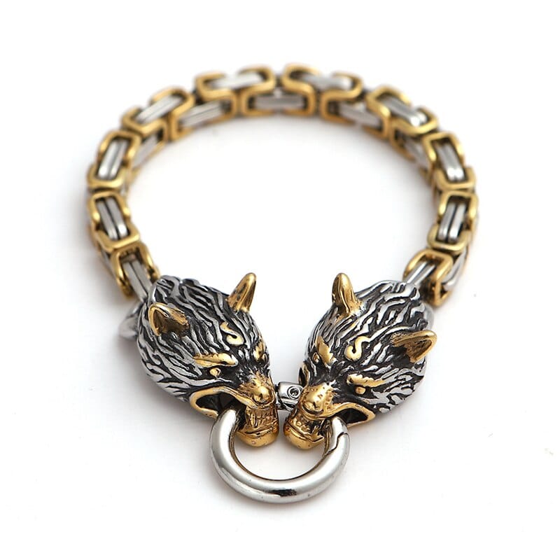 Bracelet Viking Fermoir têtes de loup Fenrir Or / 19 cm