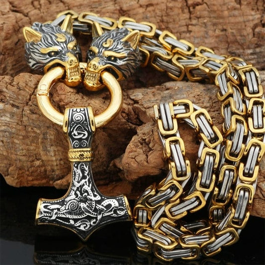 Collier Viking Fermoir têtes de loup Fenrir Or & Argent / 50 cm